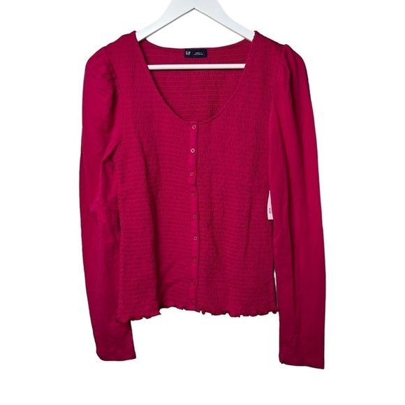 GAP Women Button Front Top Sz S Tall Hot Pink Smocked Button DownLong Sleeve NWT - Picture 2 of 11